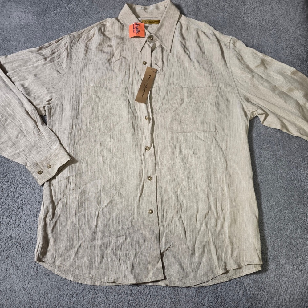 Donna Karan Signature Mens L Button Down Shirt Haze Beige Textured C2841122 NWT